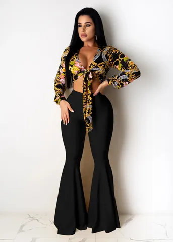 Women Top And Bottom Polyester Baroque Print Sexy Flare Pants Ruffle Hem Deep V Neck Outfits Nightclub Party Wear Clothing