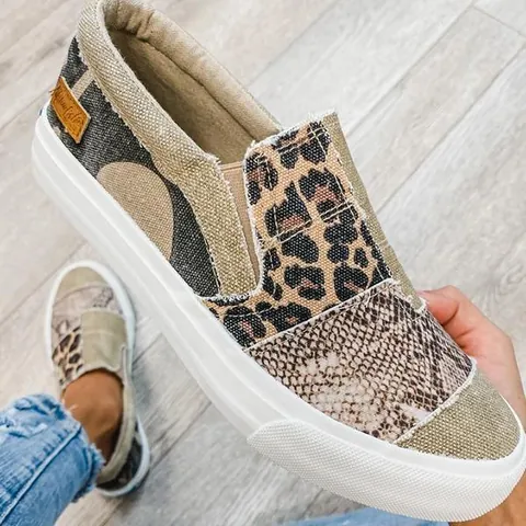 Dames Patchwork Canvas Slip-on Schoenen Luipaard Slangenprint Platte Casual Loafers Grote Maat Outdoor Wandelschoenen