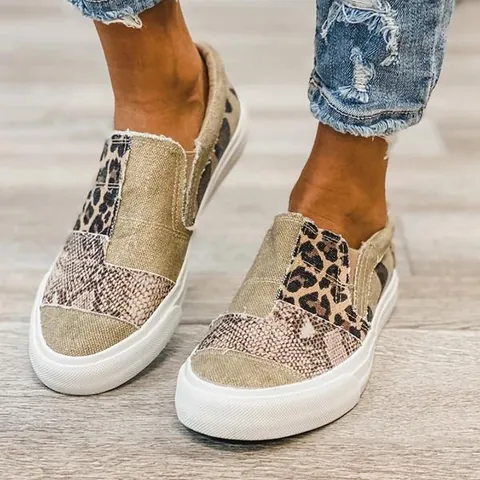 Dames Patchwork Canvas Slip-on Schoenen Luipaard Slangenprint Platte Casual Loafers Grote Maat Outdoor Wandelschoenen