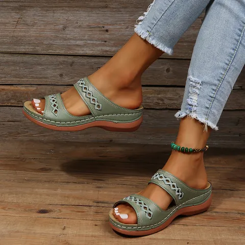 Women Retro Wedge Sandals Bohemian Hollow Out Open Toe Slides Summer PU Leather Casual Platform Shoes For Ladies