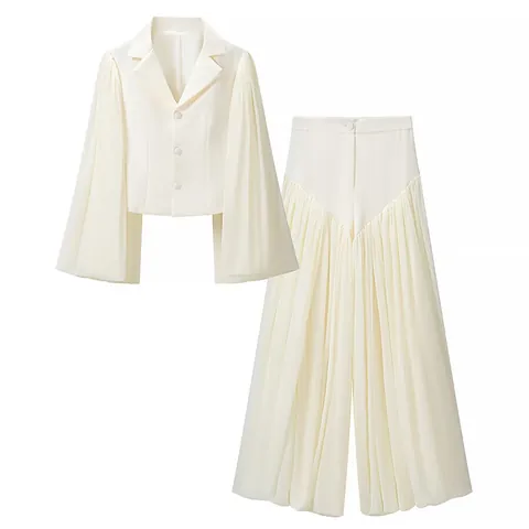 Women Top And Bottom Set Elegant Flare Sleeve Blazer And Pleated Lantern Pants Two Piece Suit Solid Color Polyester Summer Outfit