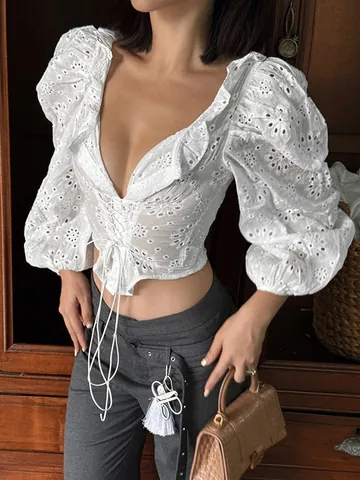 Women Sexy White Cotton Embroidered Blouse V Neck Puff Sleeve Lace Up Hollow Out Eyelet Shirt Irregular Wrap Crop Top