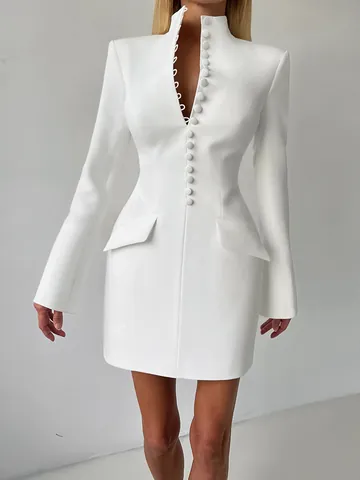 Women's Elegant Stand Collar Long Sleeve Blazer Dress Slim Fit High Waist Mini Dress With Decorative Buttons Sexy Commute Short Dress