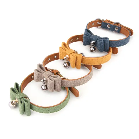 Adjustable Felt Pet Collar with Bowknot and Bell for Cats and Small Dogs British Style Bowtie Puppy Kitten Neck Strap