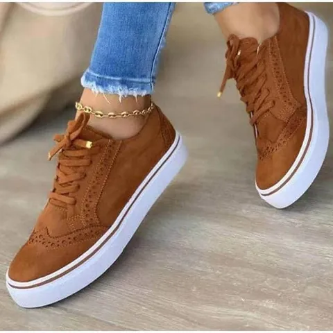Γυναικεία Casual Παπούτσια Brogue από Καμβά Με Σκάλισμα Wingtip Κορδόνια Λευκή Σόλα Sneakers Πλατφόρμα Αναπνεύσιμα Παπούτσια