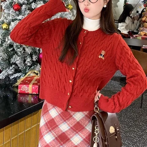 Women's Korean Academy Style Cable Knit Cardigan With Bear Embroidery Metal Buttons Long Sleeve Polyester Sweater Top