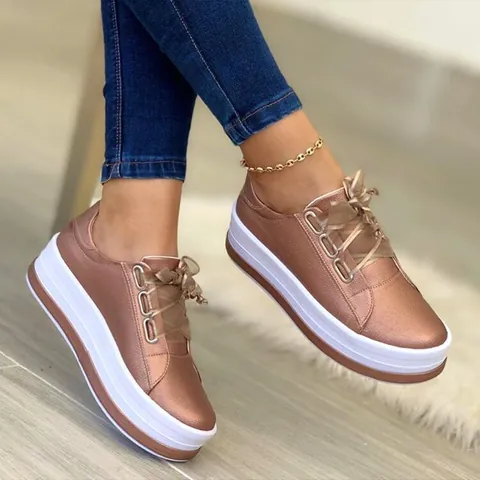 European Style Women Platform Sneakers Lace Up PU Leather Thick Sole Casual Shoes For Lady Big Size Black Silver Gold