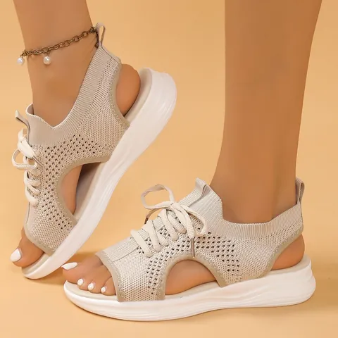 Women's Platform Sport Sandals Fly-Knit Hollow Out Lace-Up Soft Sole Roman Style Plus Size Beach Casual Walking Sandals