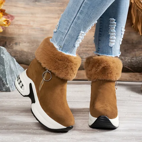 Women Winter Snow Boots Suede Artificial Fur Collar Wedge Platform Side Zipper Warm Leopard Print Sporty Casual Ankle Boots