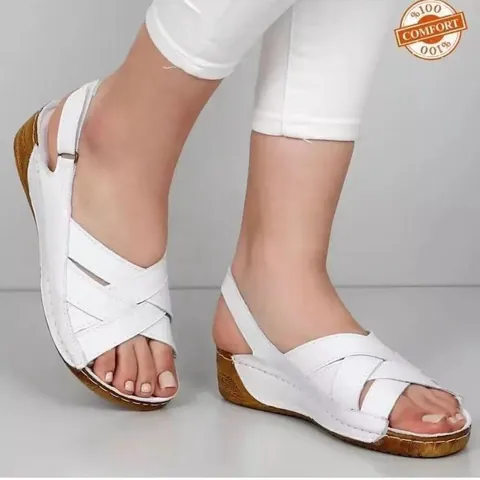 Women's Peep Toe Wedge Sandals Cross Straps Contrast Stitching Hook and Loop Beach Sandals Western Style PU Leather Summer Shoes