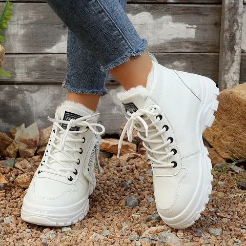 Scarpe di Cotone Alte da Donna Invernali Calde Foderate in Pile Stivali da Neve Casual Stile Coreano Sneakers Studentesse Suola Spessa Antiscivolo