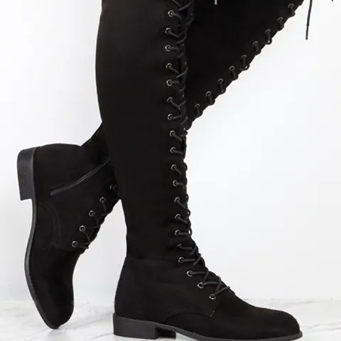 Damen Overknee-Stiefel Schnürschuhe Flache Lange Stiefel Wildlederimitat Oberschenkelhohe Stiefel Mit Seitlichem Reißverschluss Für Herbst Winter