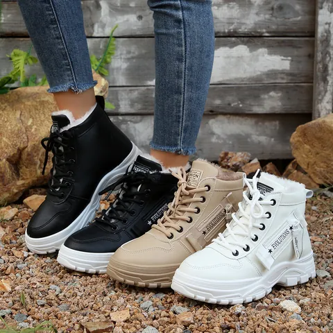 Scarpe di Cotone Alte da Donna Invernali Calde Foderate in Pile Stivali da Neve Casual Stile Coreano Sneakers Studentesse Suola Spessa Antiscivolo