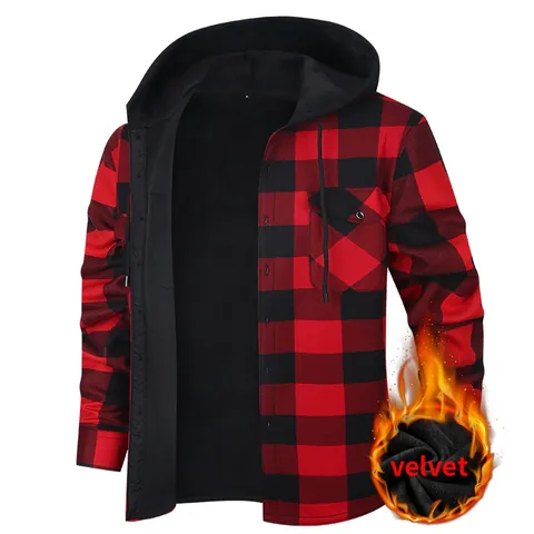 Men's Casual Plaid Hooded Shirt Jacket Fleece Lined Long Sleeve Button Down Warm Shacket For Winter Everyday Outerwear