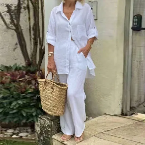 Women Casual Top And Bottom Polyester Long Sleeve Button Down Shirt With Pocket Wide Leg Pants Spring Autumn Outfits