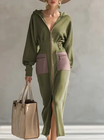 Women Elegant Olive Green Zip Up Hooded Maxi Dress Long Sleeve Slim Waist Color Block Pocket Casual Sweatshirt Dress