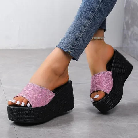 2022 Nuevas Pantuflas de Suela Gruesa para Mujer Sandalias de Cuña Informales de una Línea Slides Brillantes de Verano para Playa