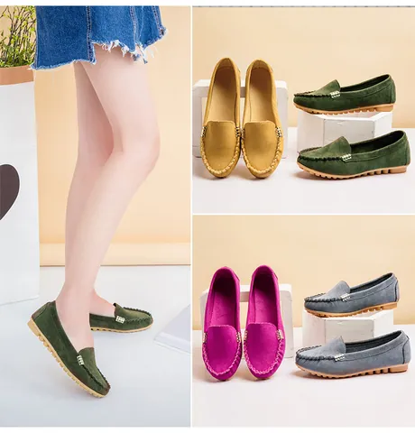 Women Round Toe Flat Loafers Casual Slip On Suede Shoes With Metal Buckle Low Cut Moccasins Comfortable Daily Walking Shoes