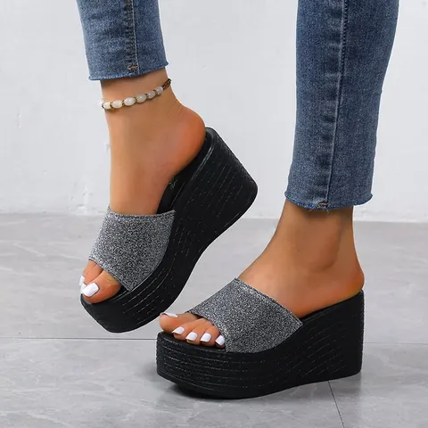 2022 Nuevas Pantuflas de Suela Gruesa para Mujer Sandalias de Cuña Informales de una Línea Slides Brillantes de Verano para Playa