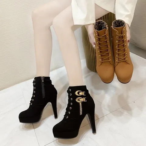 Women's Super High Heel Ankle Boots Platform Stiletto Martin Boots Lace-up Side Zipper Suede Fashion Buckle Strap Large Size