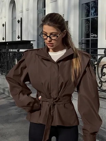 Franse Niche Bindceintuur Trenchcoat Jas Lange Mouw Revers Losse Pasvorm Polyester Top Voor Herfst Winter Dames