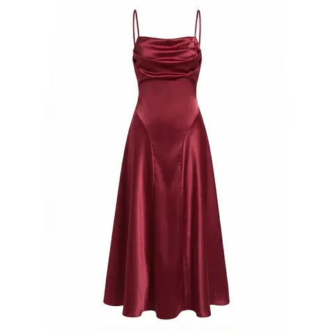 Women Satin Backless Maxi Dress Cowl Neck Spaghetti Strap Ruched Evening Party Prom Dress Cross Bandage Lace Up Dress