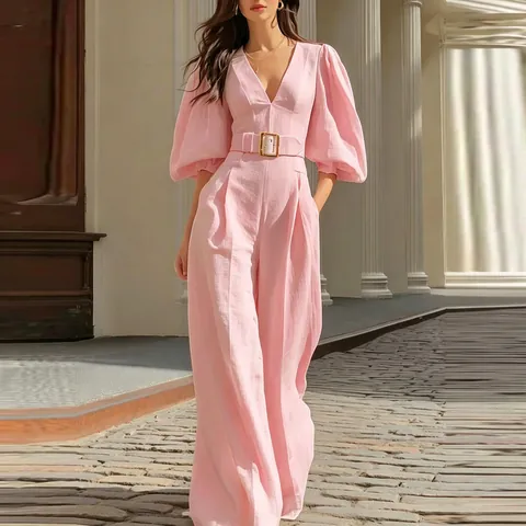 Women Deep V-Neck Puff Sleeve Jumpsuit with Belt Casual Solid Color Wide Leg Romper European Style One-Piece Long Pants