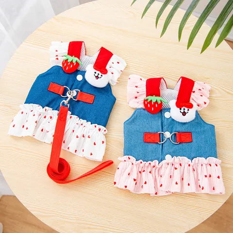 Cartoon Denim Pet Harness Dress With Leash For Small Dogs Cats Cute Heart Pattern Princess Pet Vest Harness Set
