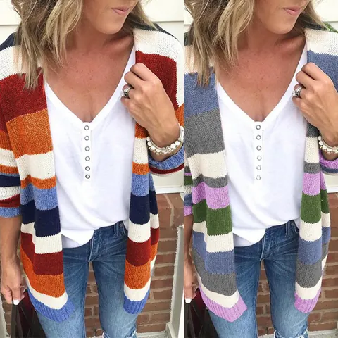 Cárdigan de Punto a Rayas para Mujer Bloque de Color Manga Larga Chaqueta de Suéter Casual