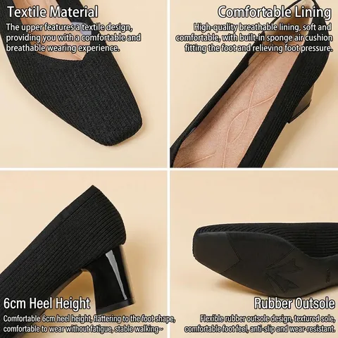Décolleté da Donna Stile Francese Punta Quadrata Scollo a V Tacco Largo Tessuto a Coste Tinta Unita Traspirante Scarpe Tacco Medio