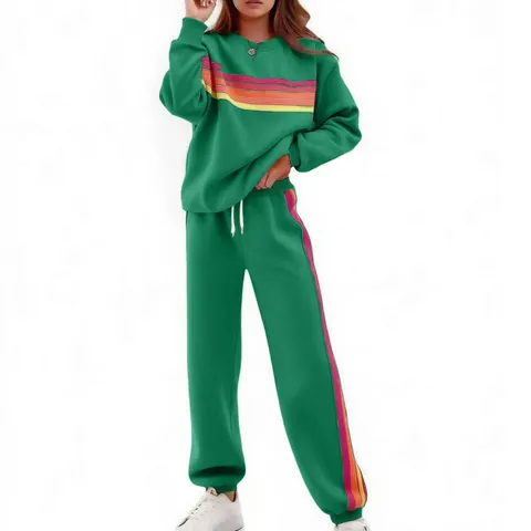 Dames Polyester Regenboog Gestreepte Sweatshirt En Broek Casual Herfst Winter Top En Bottom Lange Mouwen Sportpak