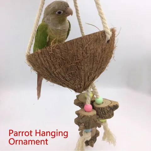 Natürliche Kokosnussschale Vogelspielzeug Papagei Kauen Molar Spielzeug Hängende Schaukel Nest Mit Holzscheiben Baumwollseil Für Kleine Vögel