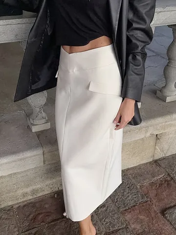 Women Elegant High Waist White Blazer Midi Skirt Office Commute Bodycon Pencil Skirt With Back Split Pockets Western Style