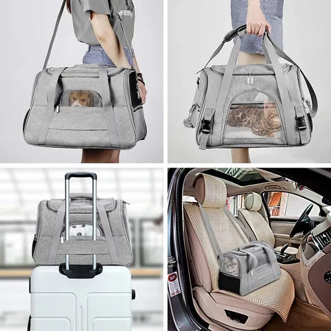 Foldable Pet Carrier Bag For Cats Small Dogs Portable Oxford Cloth Breathable Mesh Travel Handbag Shoulder Bag Car Carrier With Plush Mat