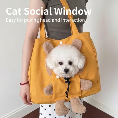 Bolsa de Transporte Portátil para Gatos y Perros Pequeños Lona Amarilla Estampado de Oso Bolso de Hombro Transpirable Viaje