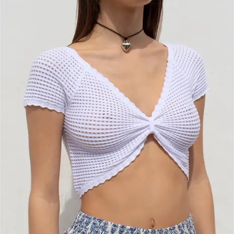 Women Sexy Knit Hollow Out Short Sleeve Crop Top Acrylic Polyester Solid Color V Neck Slim Fit Summer Streetwear Top