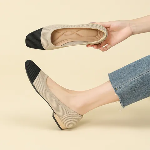 Scarpe Basse da Donna in Maglia a Punta Quadrata (F105) Tessuto Traspirante Tacco Grosso Slip On Scarpe Casual da Pendolare