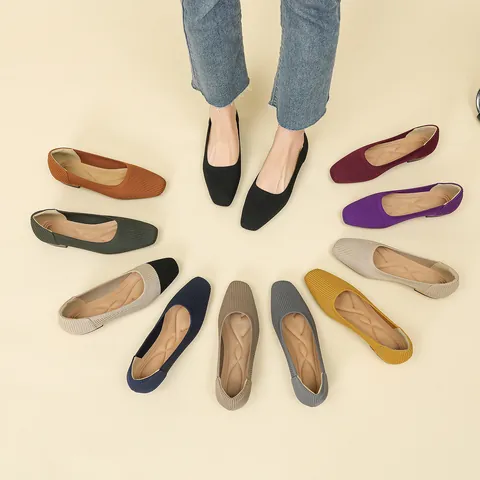 Scarpe Basse da Donna in Maglia a Punta Quadrata (F105) Tessuto Traspirante Tacco Grosso Slip On Scarpe Casual da Pendolare