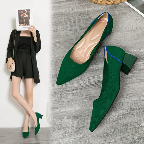 Escarpins à Bout Pointu et Talon Bloc pour Femmes en Tissu Flyknit Tricoté Élégantes Chaussures à Talons Bas pour le Travail