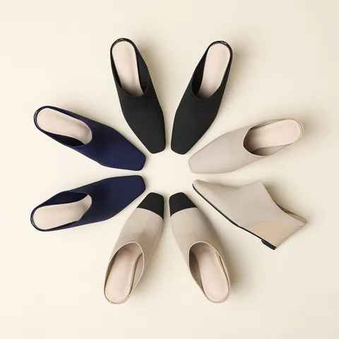 Women Pointed Toe Wedge Mules Knit Fabric Breathable Slip-on Half Slippers Elegant Outdoor Casual Wedge Heel Shoes 8187