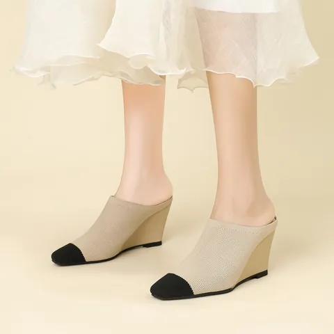 Women Pointed Toe Wedge Mules Knit Fabric Breathable Slip-on Half Slippers Elegant Outdoor Casual Wedge Heel Shoes 8187