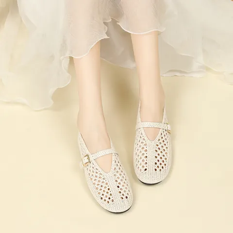 Zapatos Mary Jane de Paja Tejida Retro Franceses para Mujer Bailarinas Planas Transpirables con Correa en T