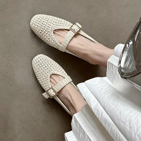 Zapatos Mary Jane para Mujer Vintage Francés Transpirables de Paja PP Tejida Zapatos Planos Correa al Tobillo Hebilla Verano Playa