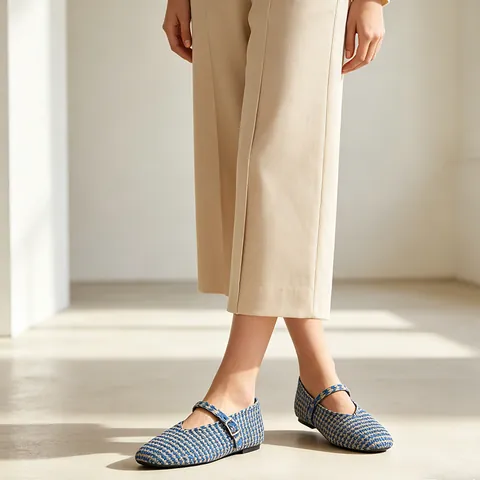 Zapatos Mary Jane para Mujer Vintage Francés Transpirables de Paja PP Tejida Zapatos Planos Correa al Tobillo Hebilla Verano Playa
