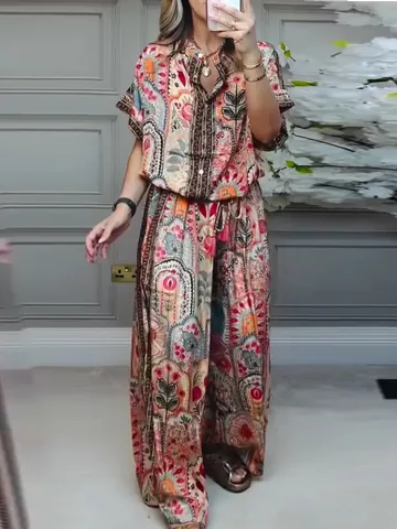 Women Bohemian Printed Top And Bottom Casual Loose Polyester Short Sleeve Shirt And Wide Leg Pants Two Piece Clothing
