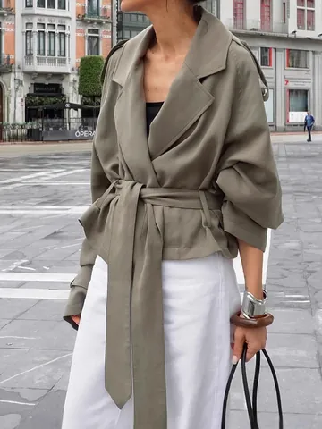 Women's Elegant Big Lapel Lace Up Trench Coat Autumn Casual Loose Sage Green Short Jacket Windbreaker Polyester Top