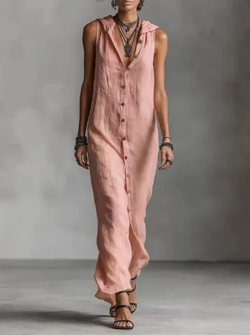 Women Sleeveless Hooded Maxi Dress Button Down Cotton Linen Casual Loose Long Sun Dress Vacation A-Line Solid Color Robe