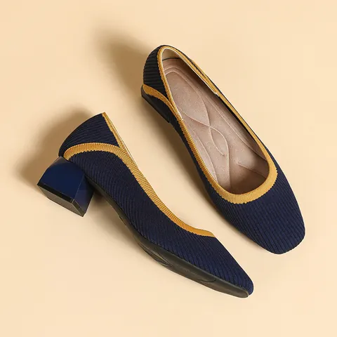 Women Square Toe Knitted Chunky Heel Pumps Color Block Breathable Fashion Slip-on Striped Low Top Dress Casual Shoes