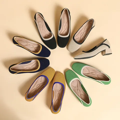 Women Square Toe Knitted Chunky Heel Pumps Color Block Breathable Fashion Slip-on Striped Low Top Dress Casual Shoes