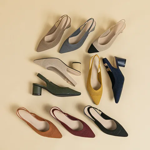 Sandali Slingback in Maglia da Donna Eleganti Punta a Punta Tacco a Blocchetto Traspiranti Scarpe da Ufficio